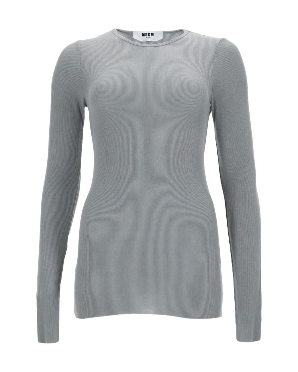 MSGM Gray Ribbed Long-Sleeve Knitted Top