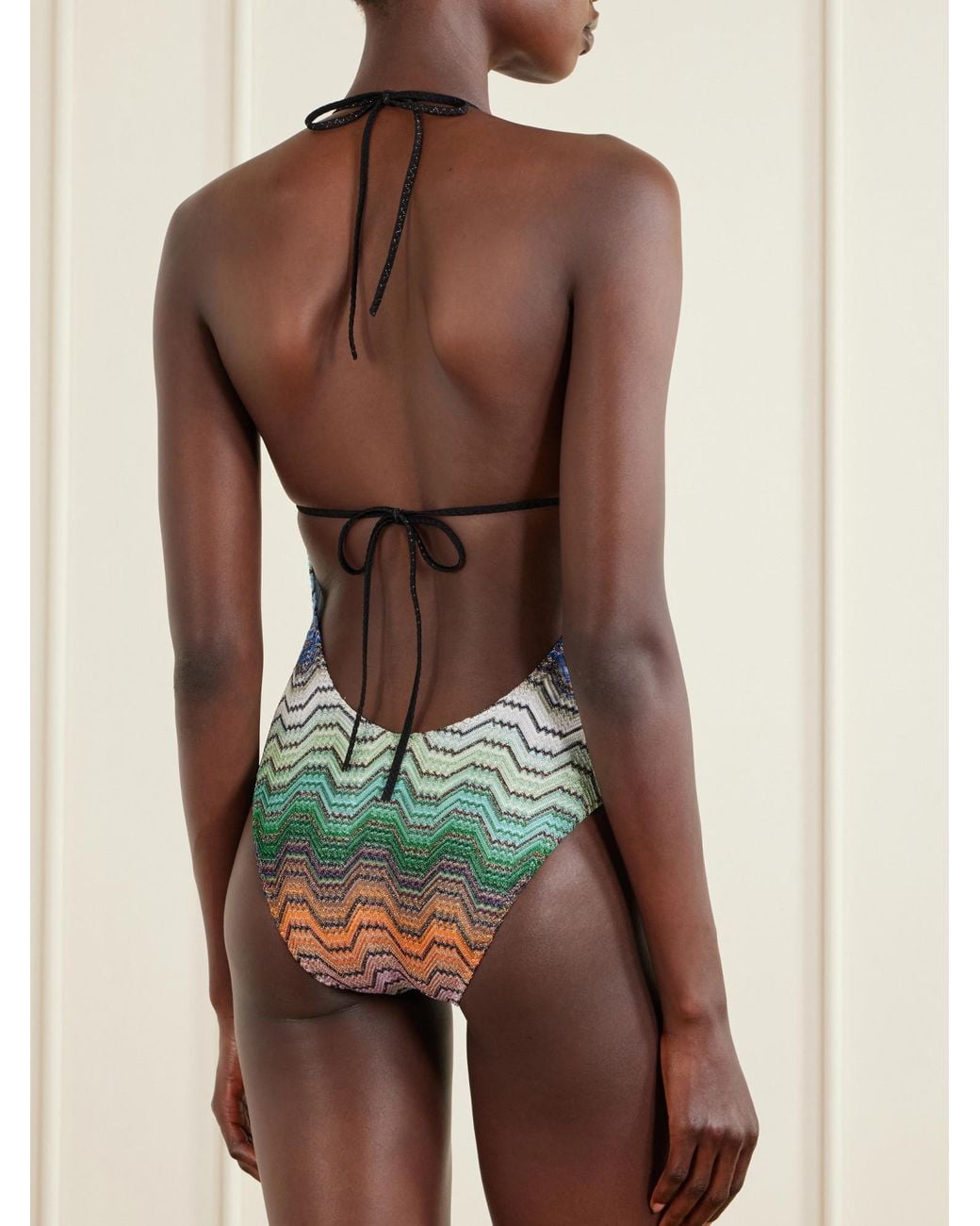 Missoni Blue Striped Crochet-Knit Halterneck Swimsuit