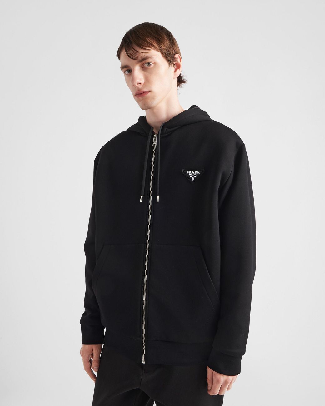 Prada Black Logo-Appliqué Zip-Up Drawstring Hoodie for men