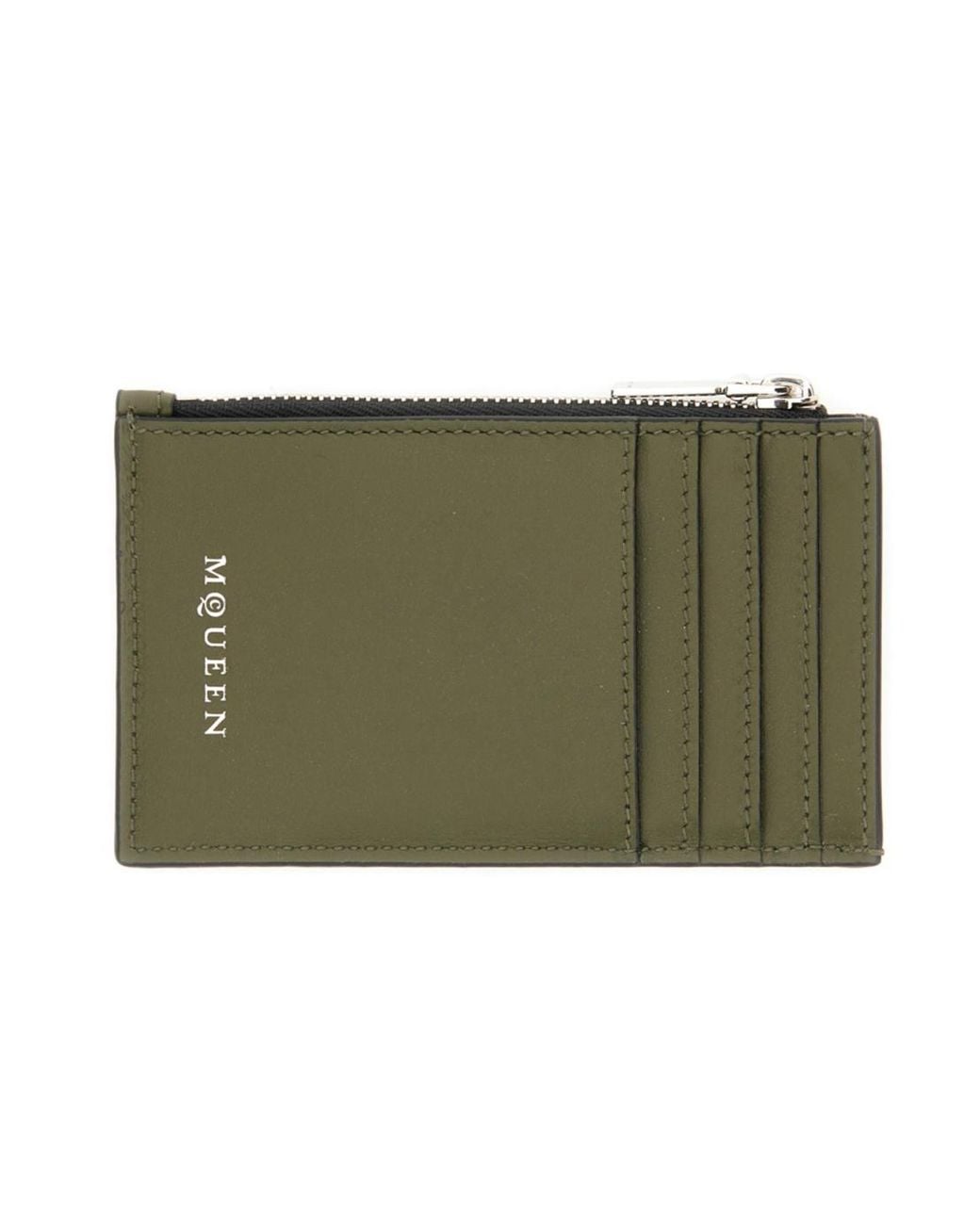 McQueen Green Skull Printed Zip-Up Cardholder for men