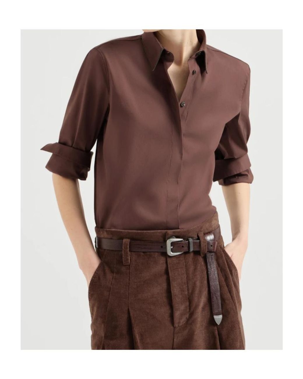 Brunello Cucinelli Brown Stretch Cotton Poplin Shirt With Shiny Collar