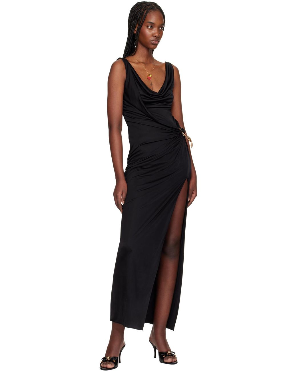 Versace Black Sleeveless Safety Pin Detailed Dress