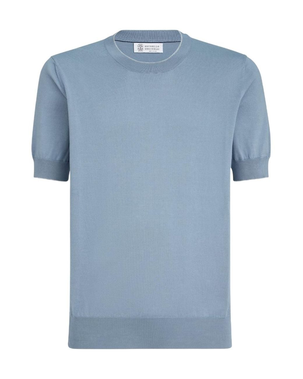 Brunello Cucinelli Blue Cotton Lightweight Knit T-Shirt With Contrast Details for men