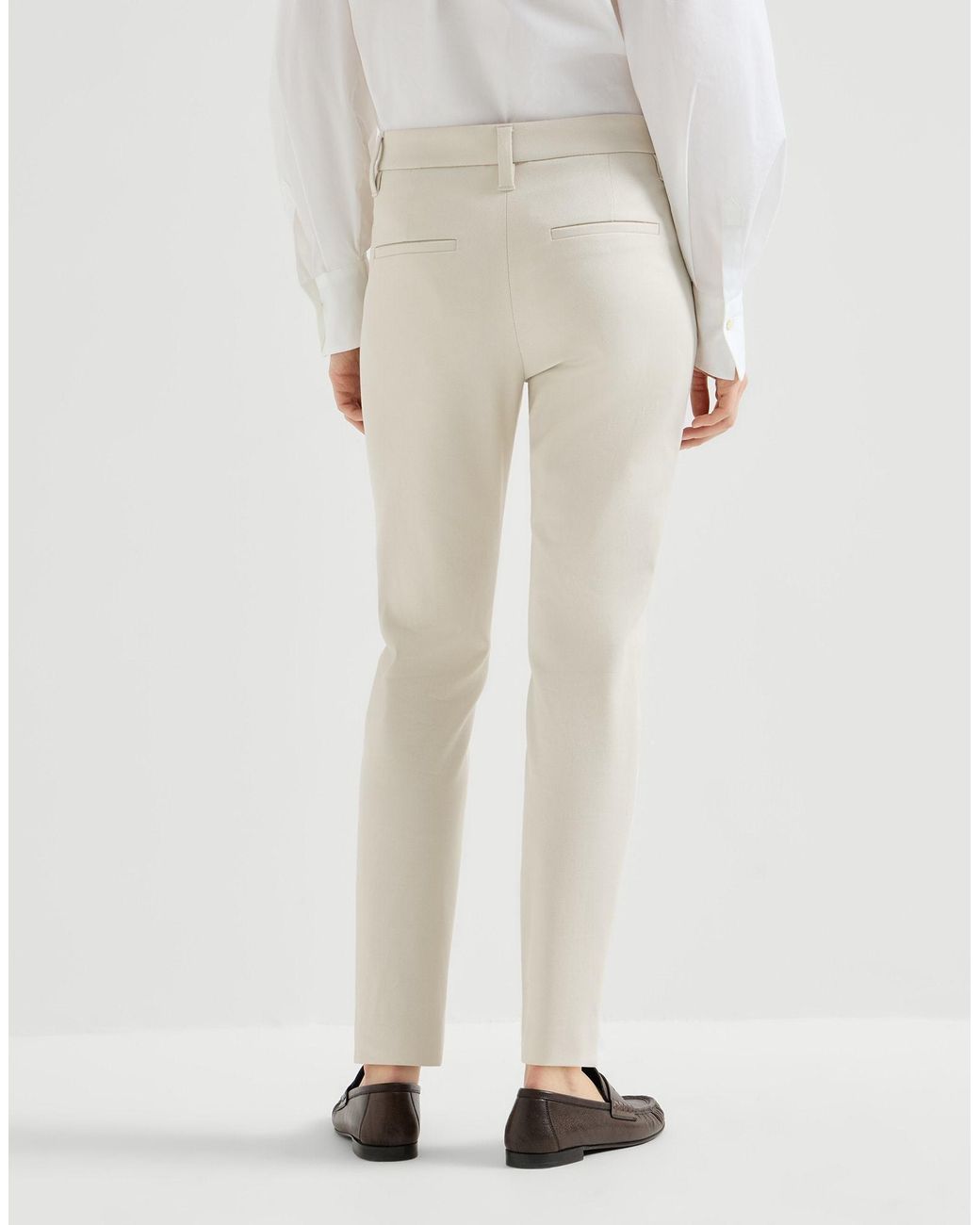 Brunello Cucinelli White Stretch Cotton Cover Slim Fit Trousers