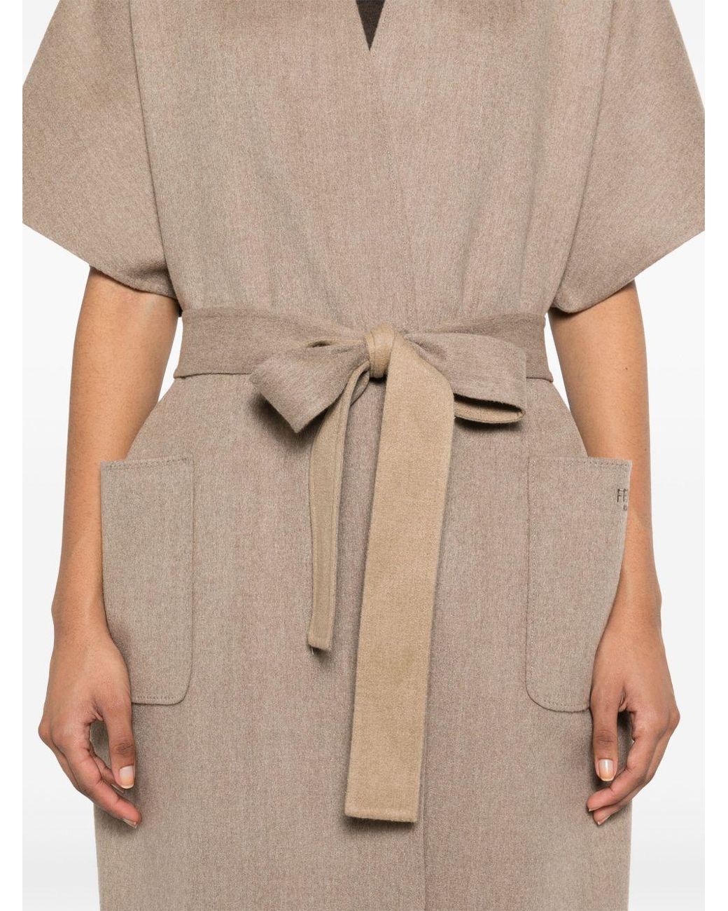 Fendi Natural Short Sleeved V-Neck Belted Coat