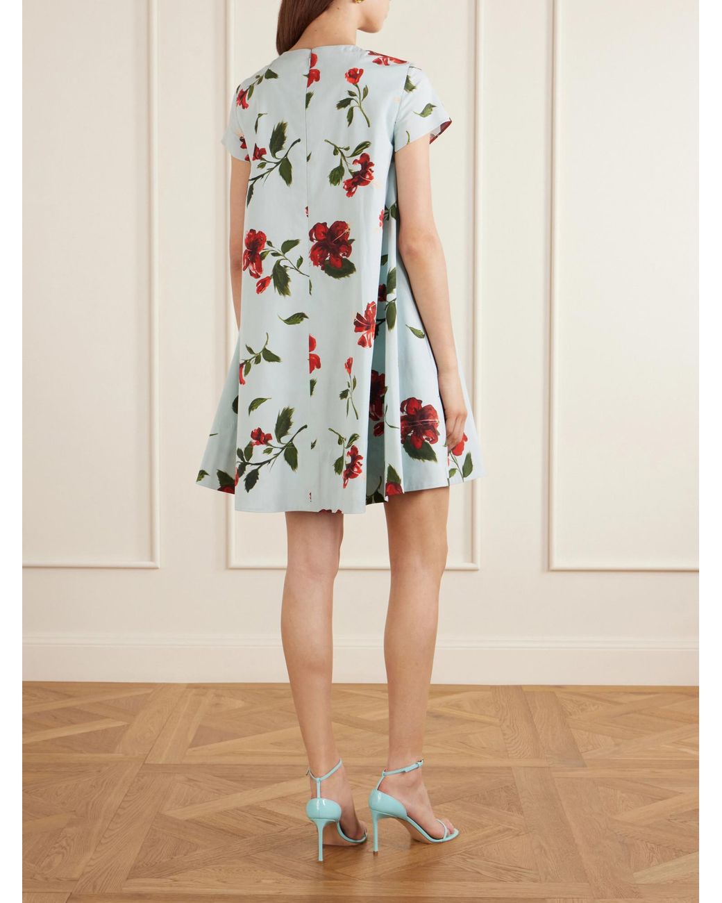 Oscar de la Renta White Floral-Print Cotton-Blend Poplin Mini Dress