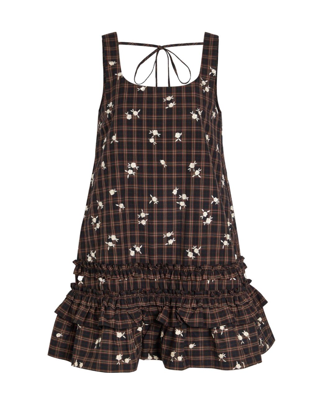 Ganni Brown Plaid Floral Embroidered Dress