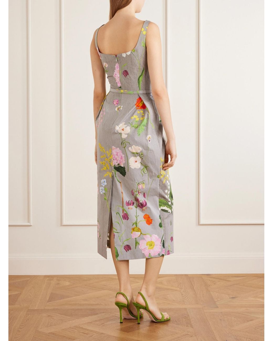 Oscar de la Renta White Floral-Printed Stretch Cotton-Poplin Midi-Dress