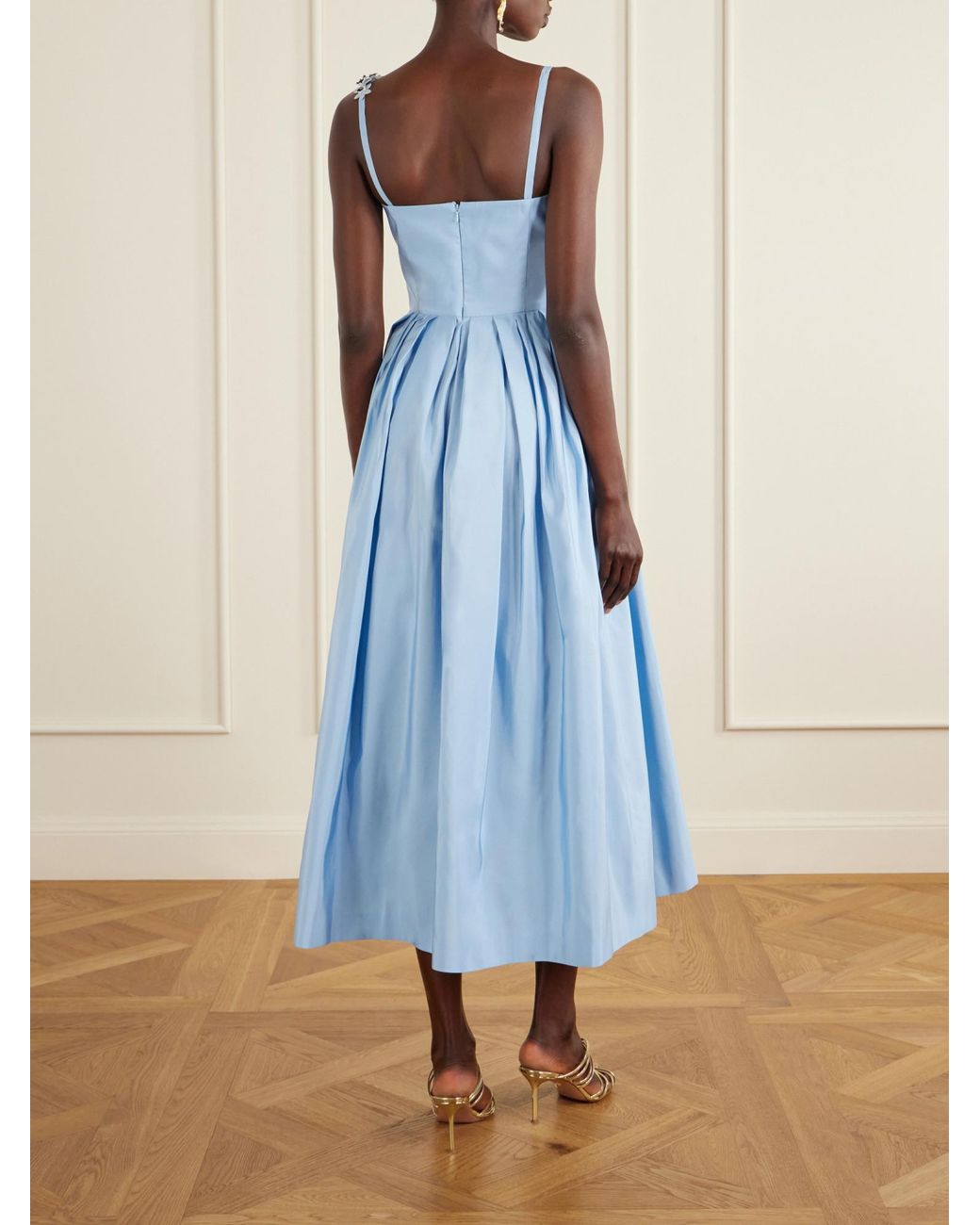 Oscar de la Renta Blue Floral-Embellished Silk Midi Dress