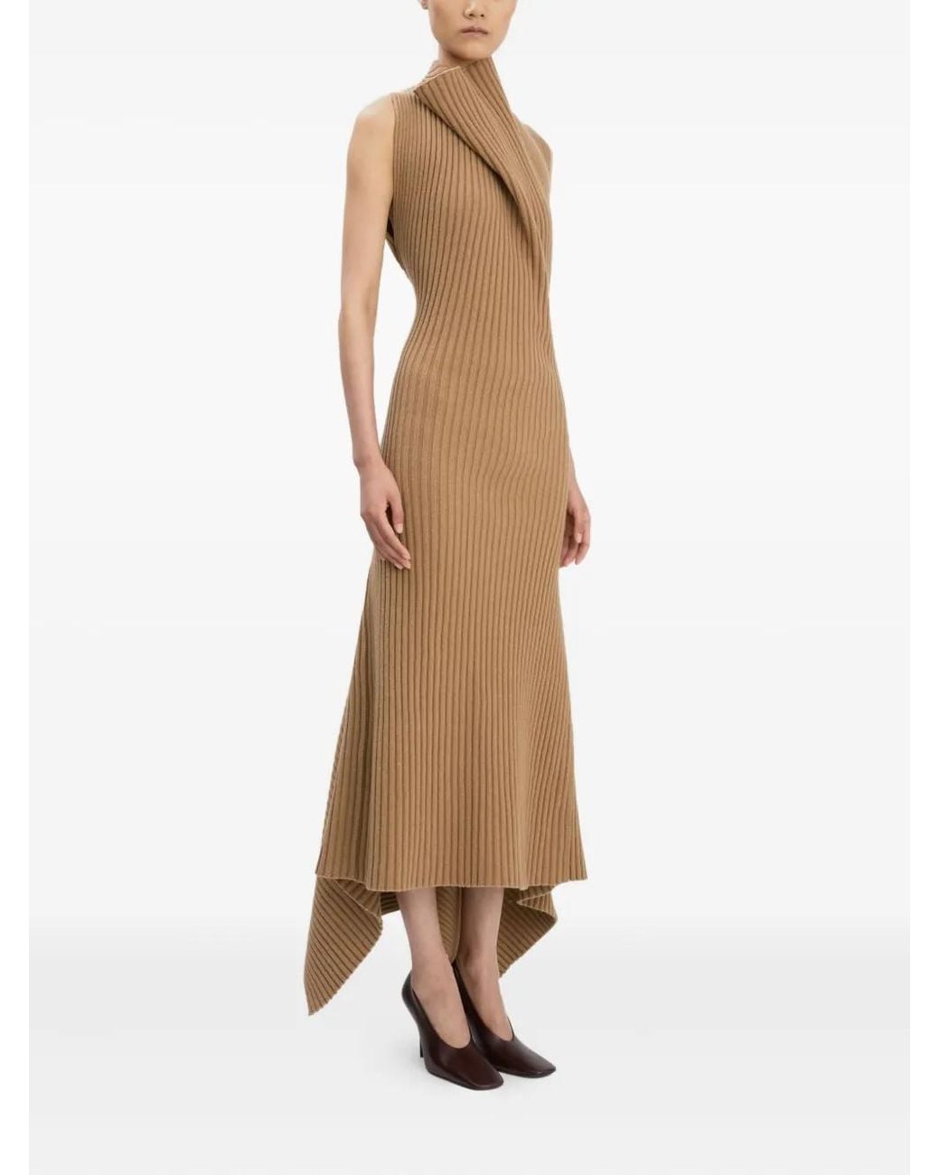 Victoria Beckham Brown Ribbed Draped Midi Dress