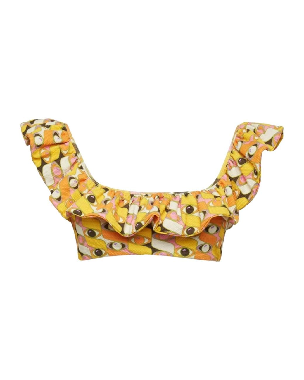 LaDoubleJ Metallic Ruffle Graphic-Print Bikini Top