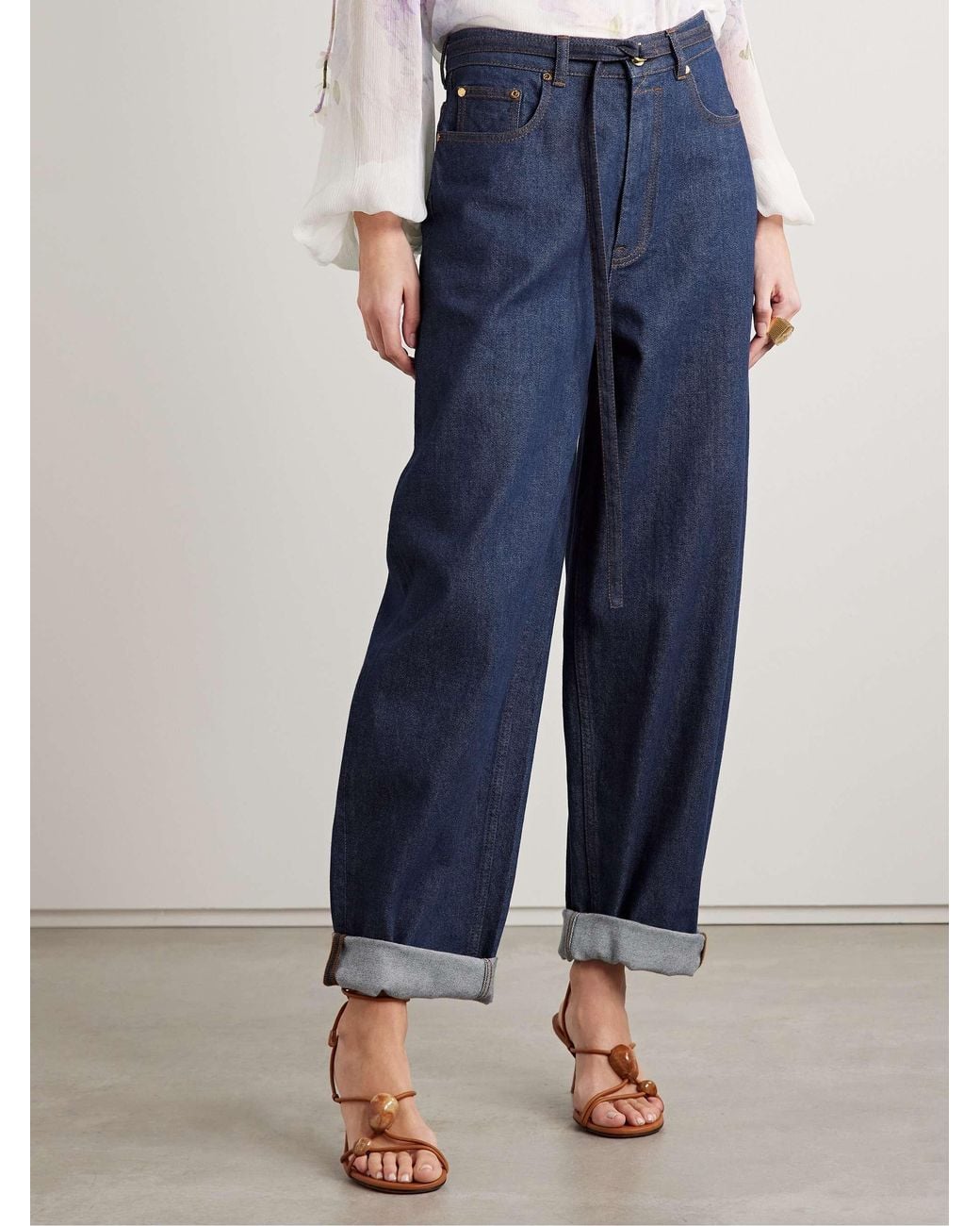 Zimmermann Blue Illuminate Belted High-Rise Barrel-Leg Jeans