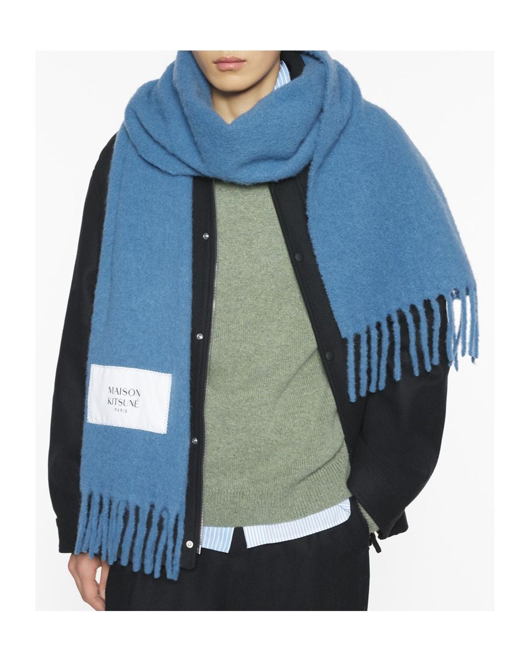 Maison Kitsuné Blue Maison Kitsuné Logo Patch Fringed Knit Scarf for men