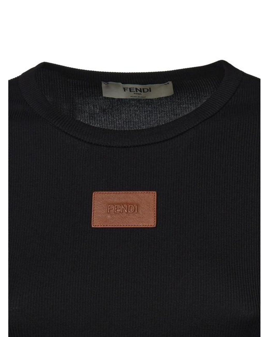Fendi Black Cropped Ribbed Logo-Patch T-Shirt