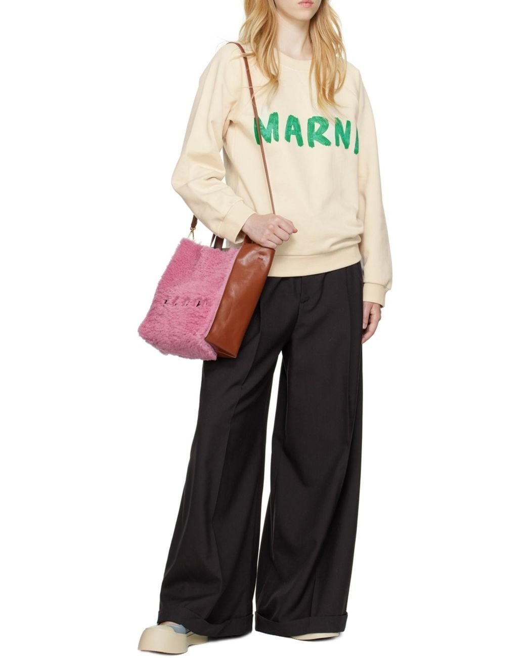 Marni Pink Museo Logo Embroidered Shearling Tote Bag