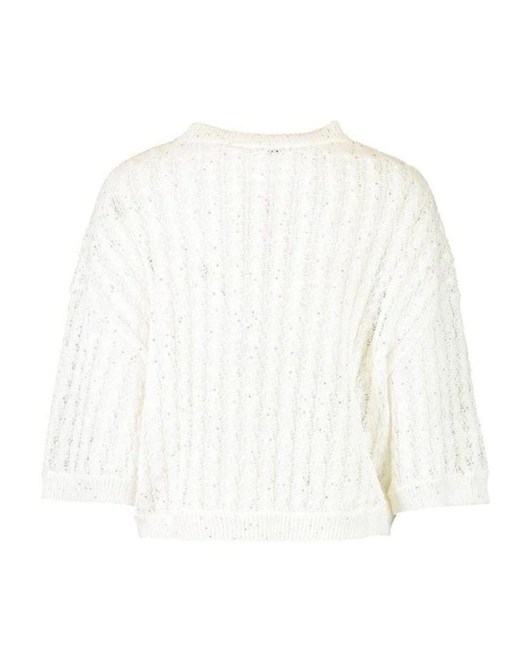 Brunello Cucinelli White Sequin-Embellished Knitted Cardigan