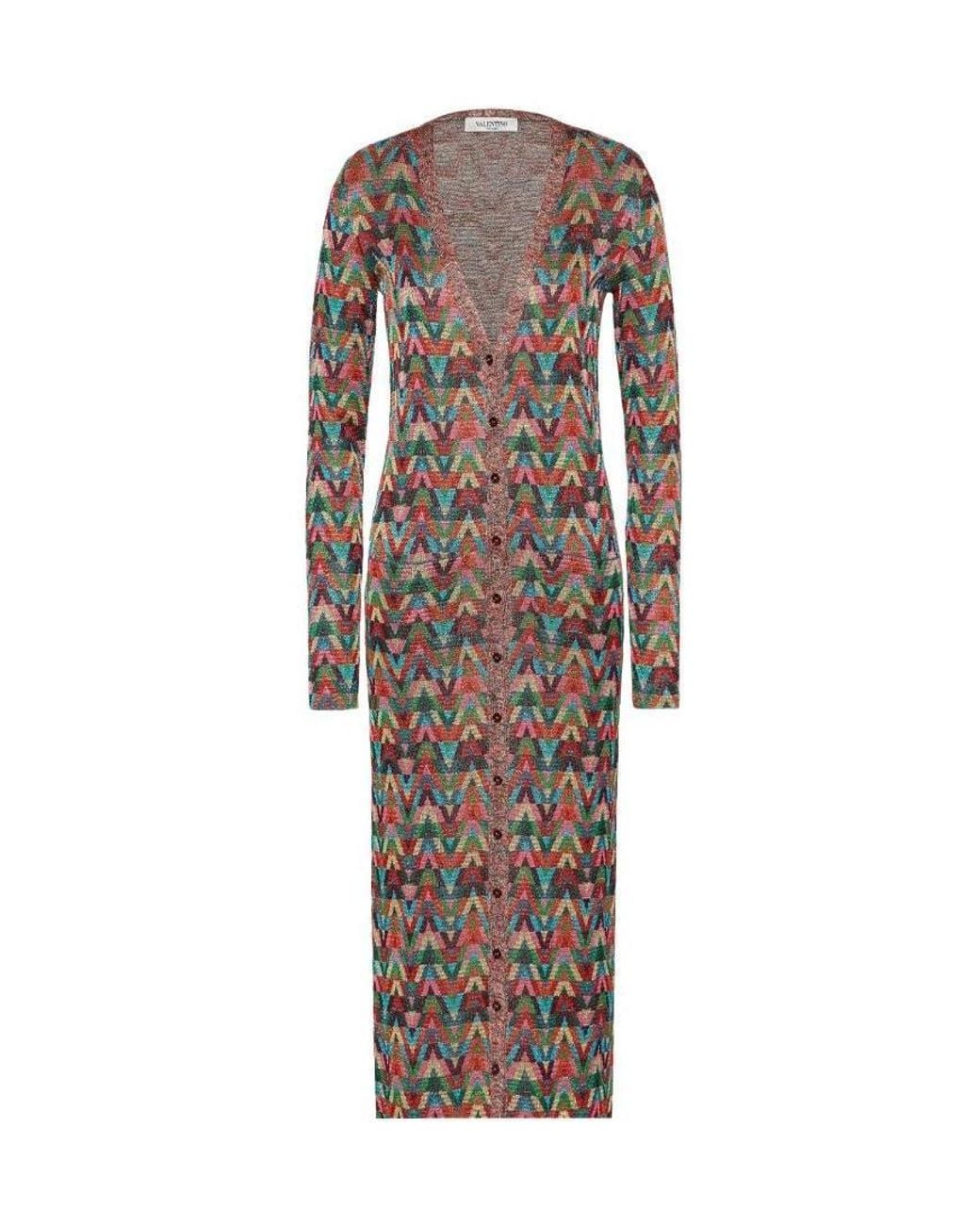 Valentino Brown Jacquard Optical-Pattern Lurex Long Cardigan
