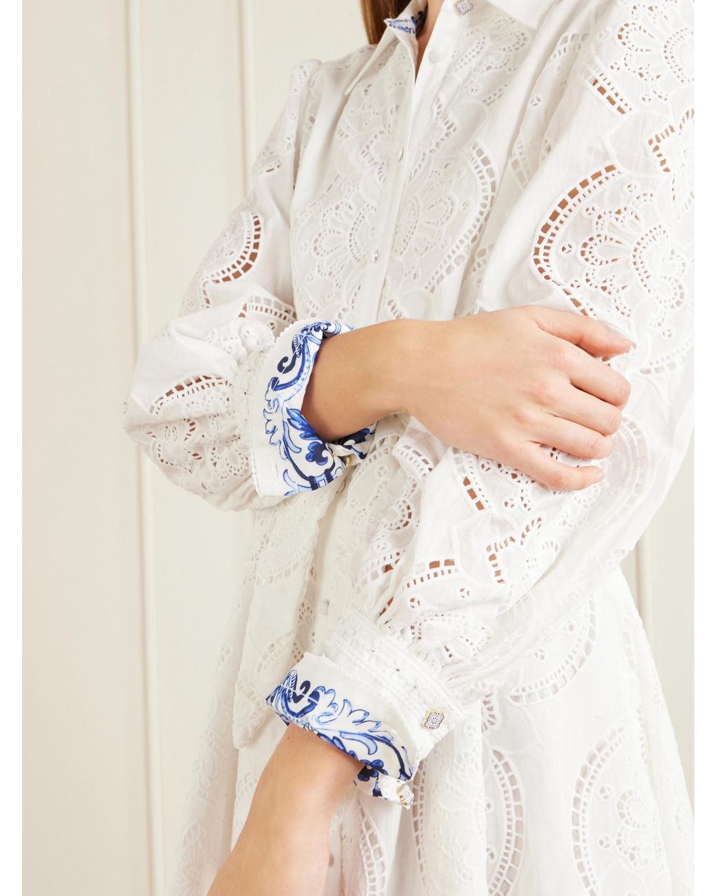 Camilla White Tie-Detailed Broderie Anglaise Cotton Midi Shirt Dress
