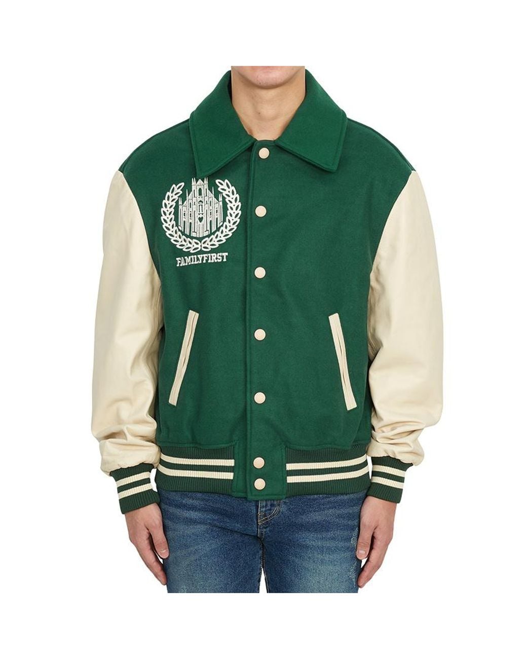 FAMILY FIRST Green Family First Varsity Patch Bomber Jacket for men