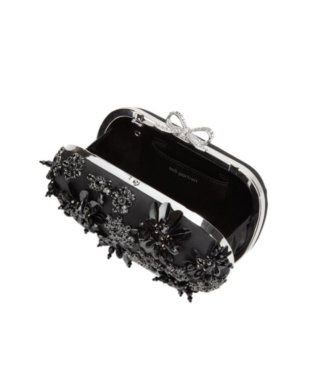 Self-Portrait Black Satin Floral Crystal Clutch Bag