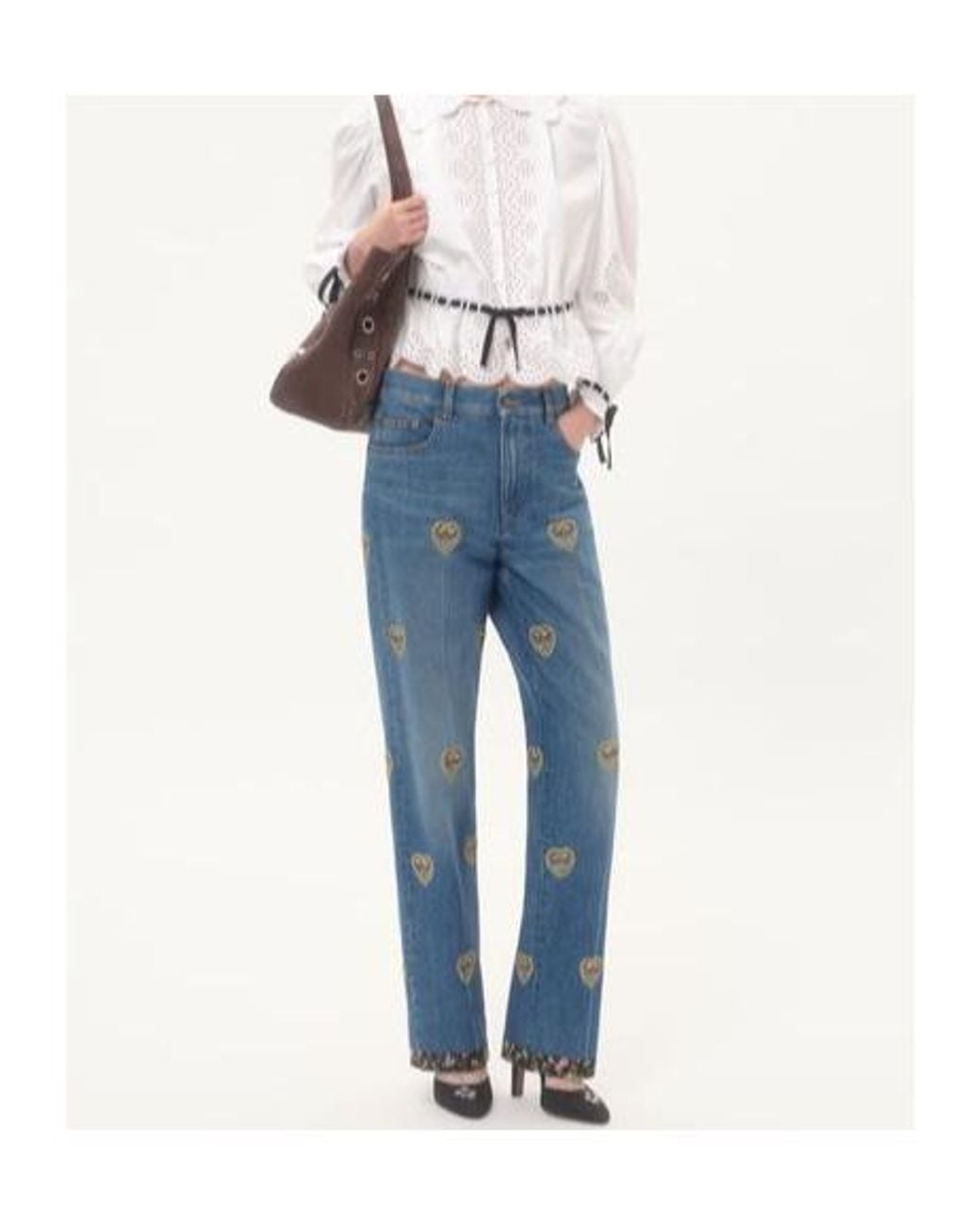 Valentino Blue Heart Embellished Wide Leg Jeans