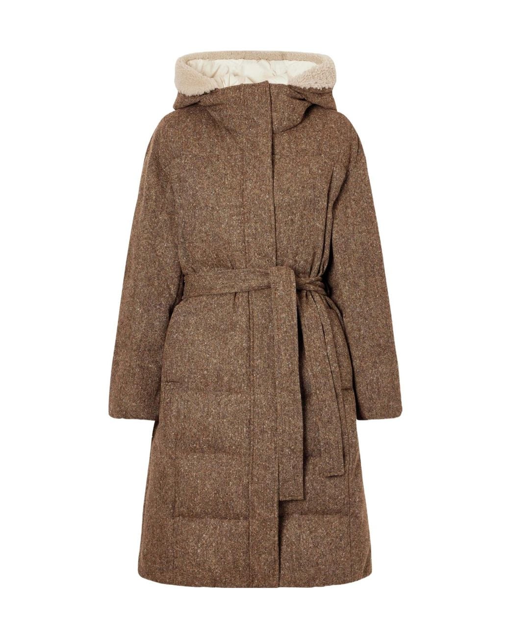 Brunello Cucinelli Brown Virgin Wool Donegal Down Coat With Shearling Inserts And Monili