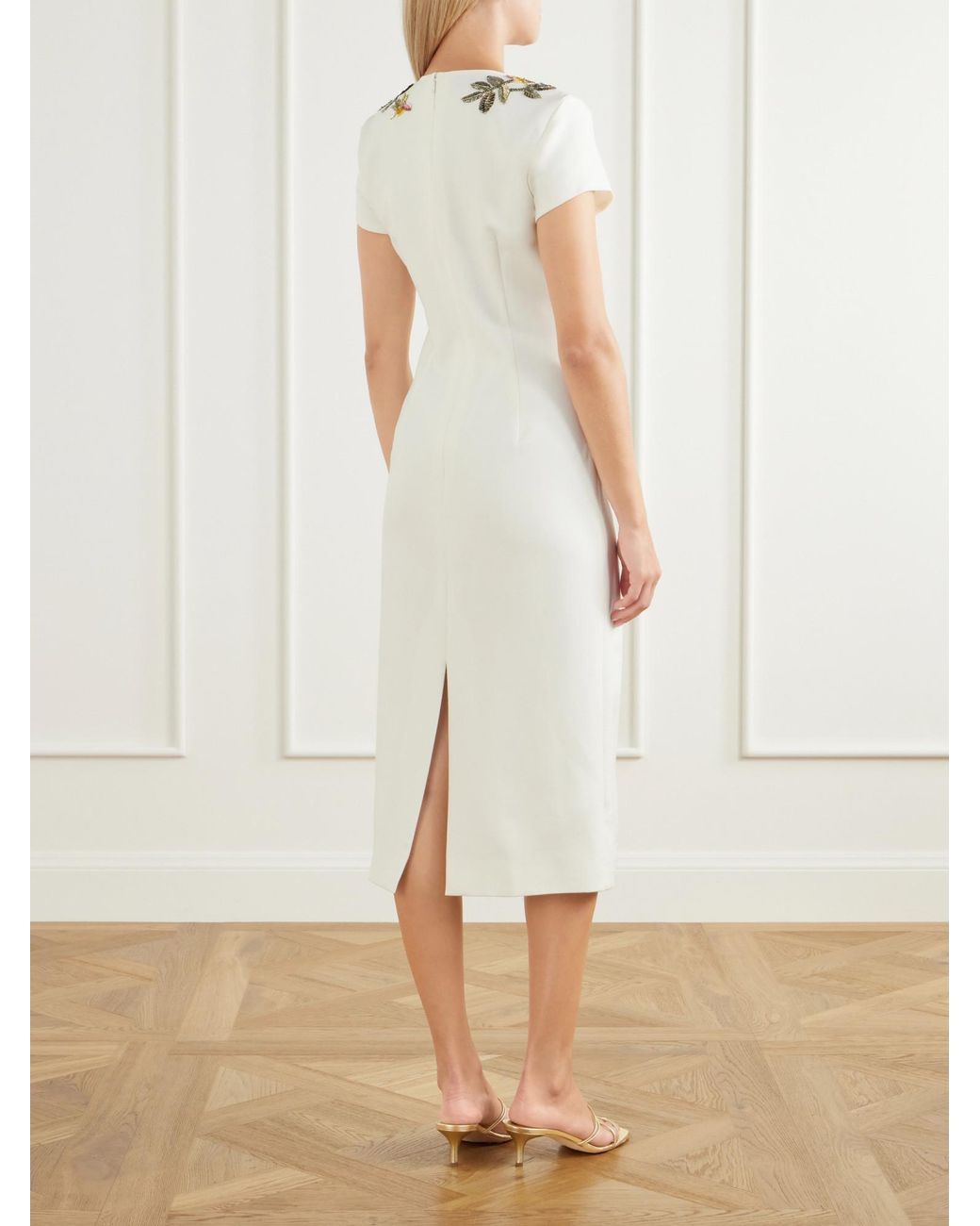 Oscar de la Renta White Floral-Embellished Crepe Midi Dress