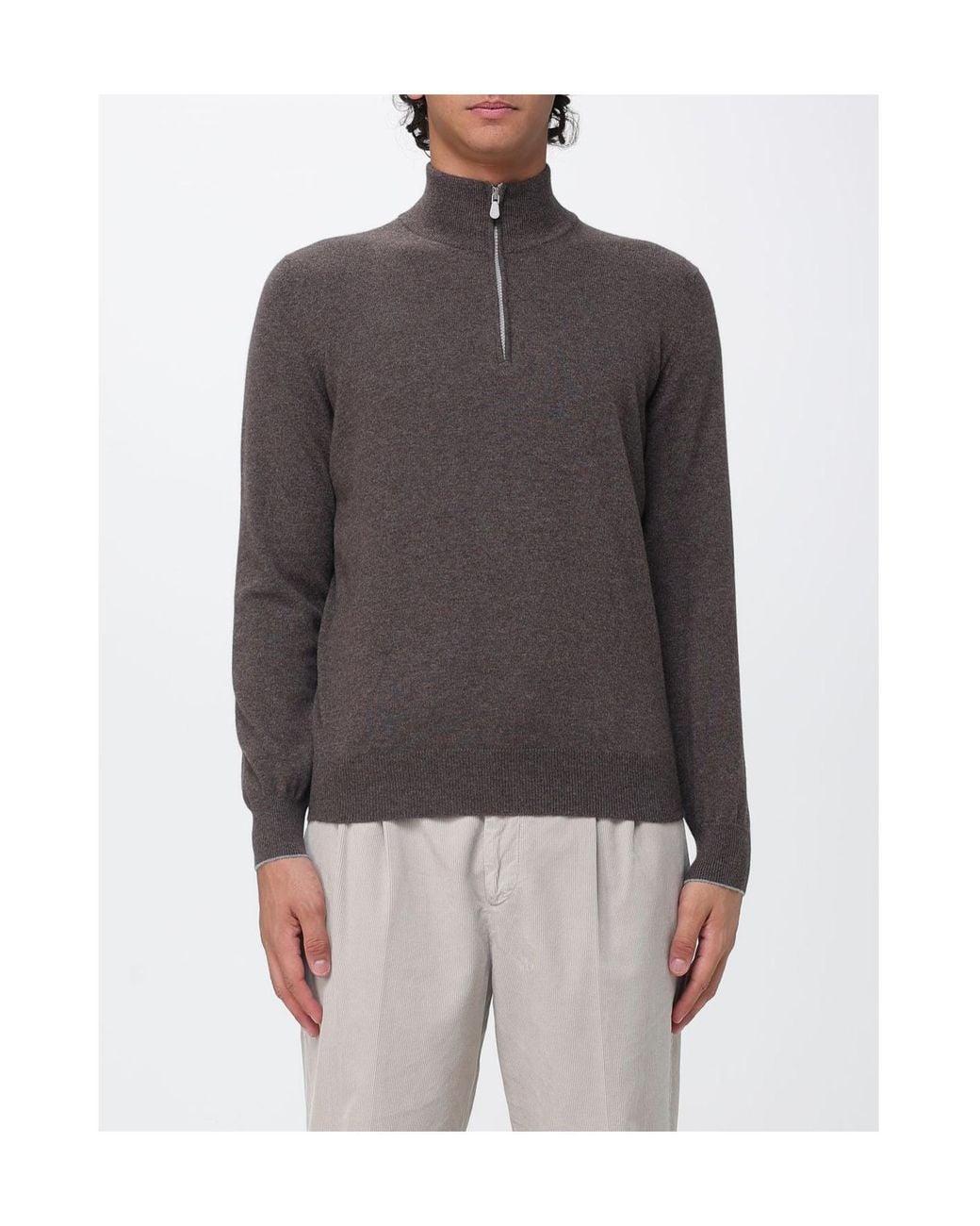 Brunello Cucinelli Gray Funnel-Neck Knitted Polo Shirt for men
