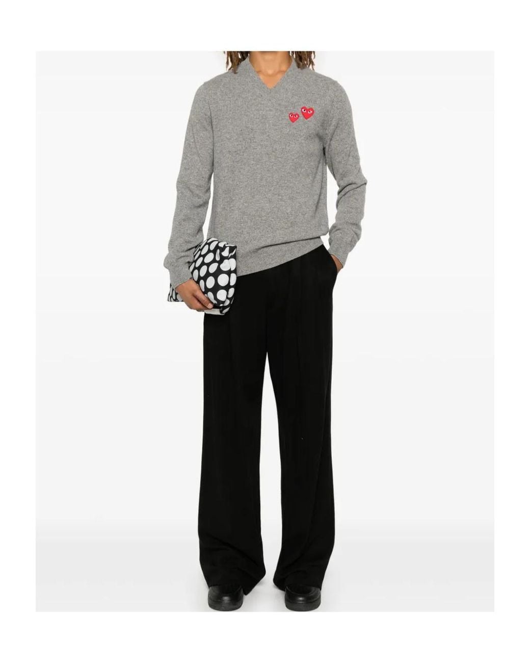 COMME DES GARÇONS PLAY Gray Comme Des Garçons Play Heart Logo V-Neck Knitted Sweater for men