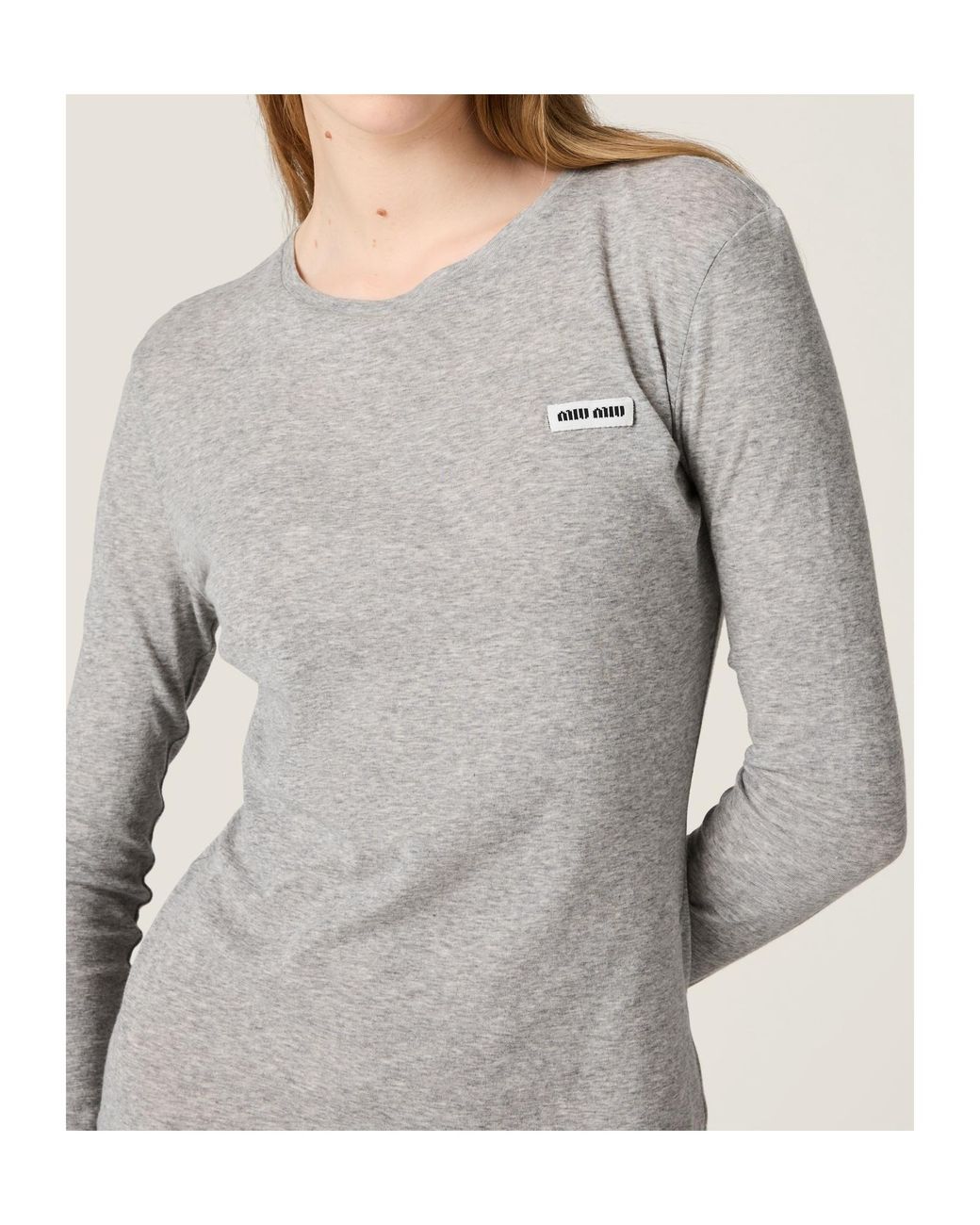 Miu Miu Gray Ribbed Jersey And Lace Dress