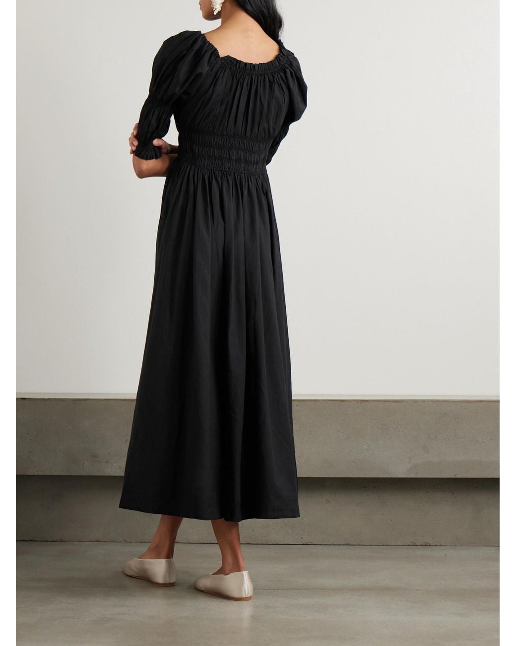 Doen Black Ischia Shirred Organic Cotton-Voile Midi Dress