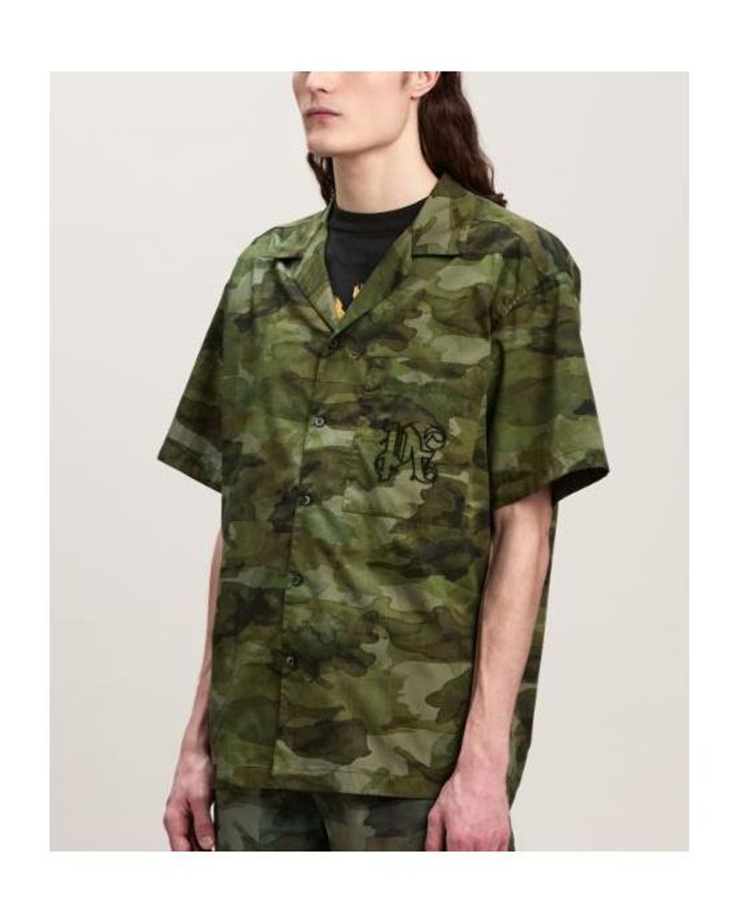 Palm Angels Green Camouflage Printed Short Sleeved Shirt for men