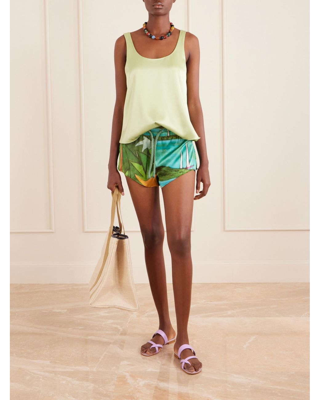 Donde Esteban Green Printed Silk-Blend Satin Mini Shorts