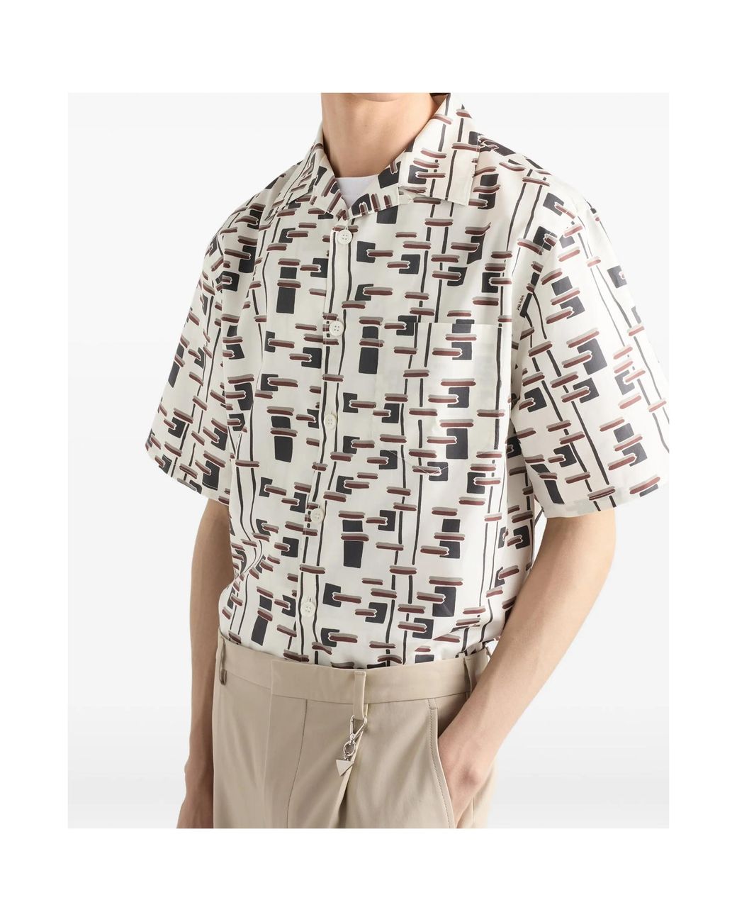 Prada White Cotton-Silk Printed Bowling Shirt for men