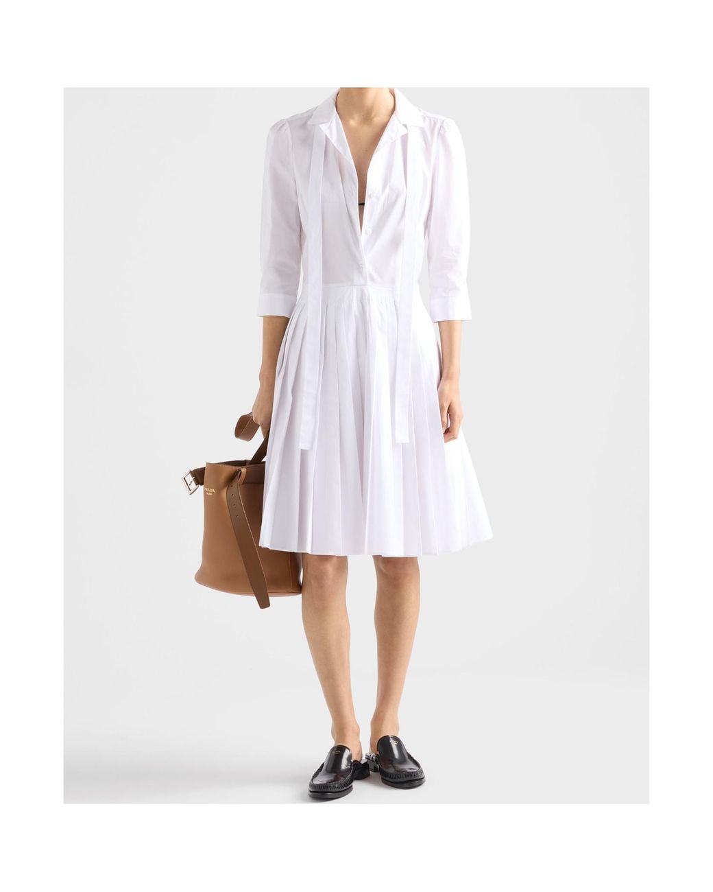 Prada White Pleated Poplin Shirt Dress