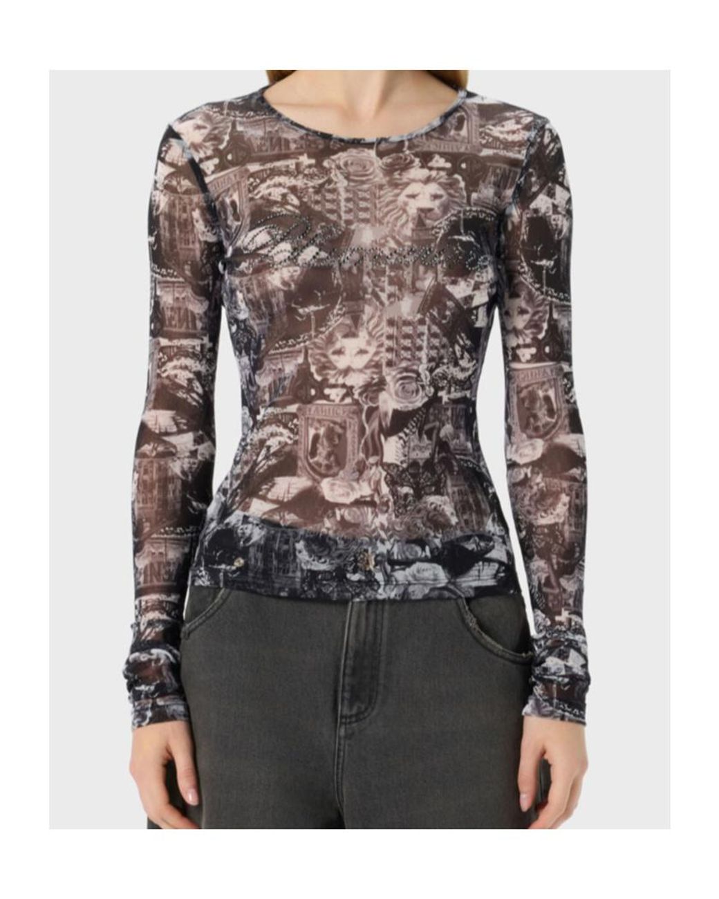 Blumarine Gray Printed Rhinestone Logo Top