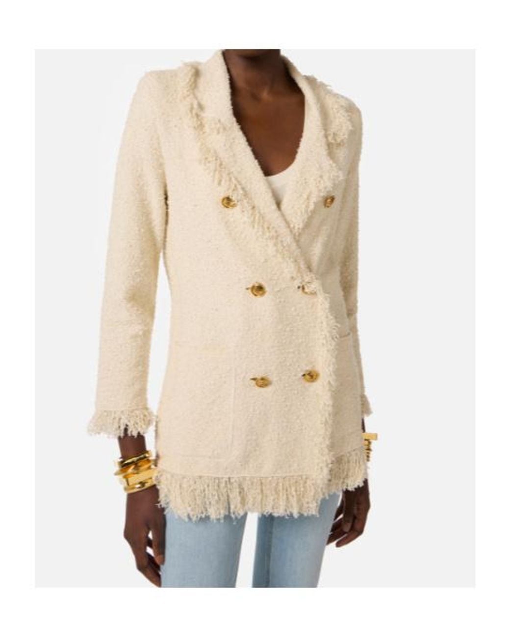 Elisabetta Franchi Natural Fringed Bouclé Knit Jacket