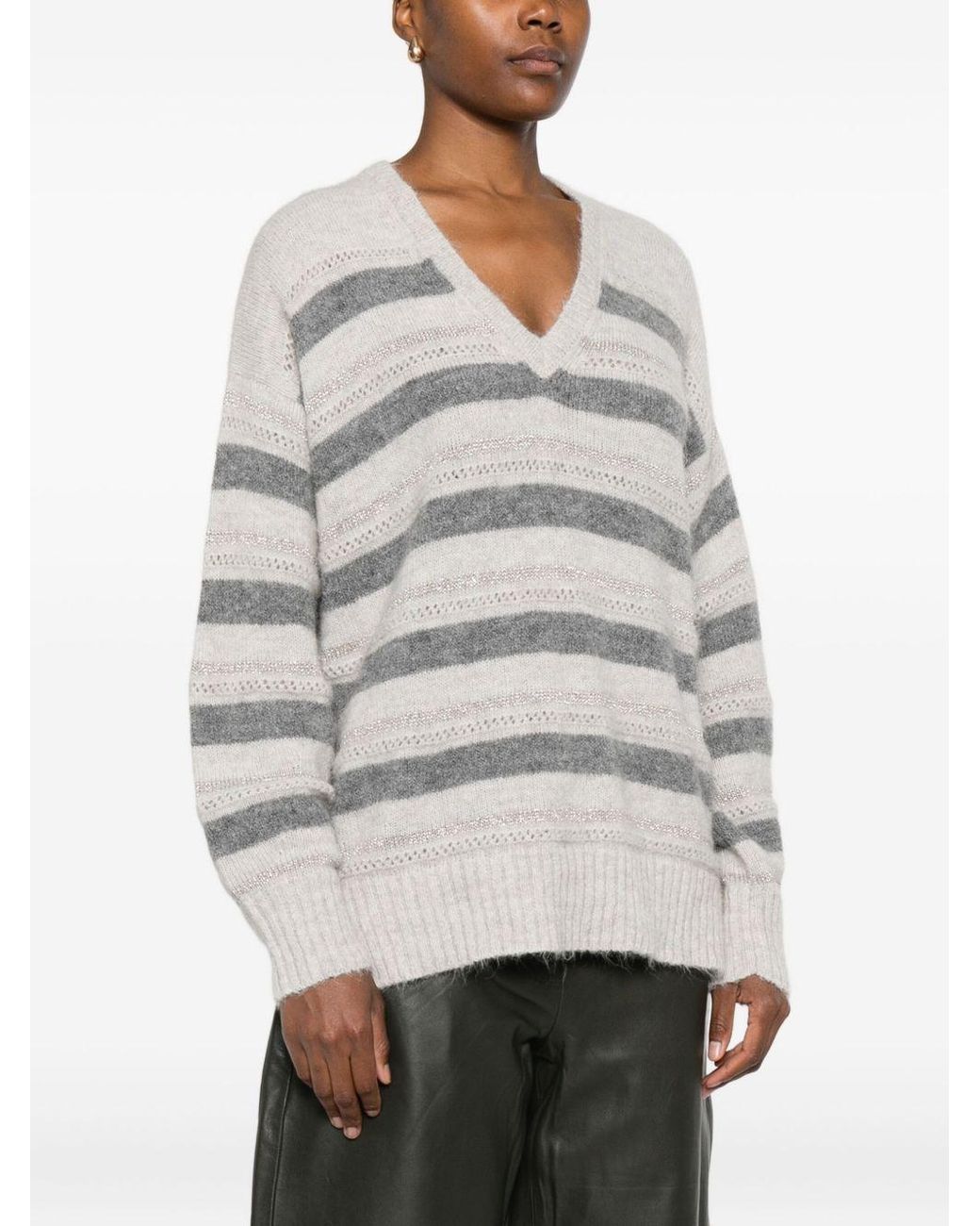 Twinset Gray Striped V-Neck Jumper