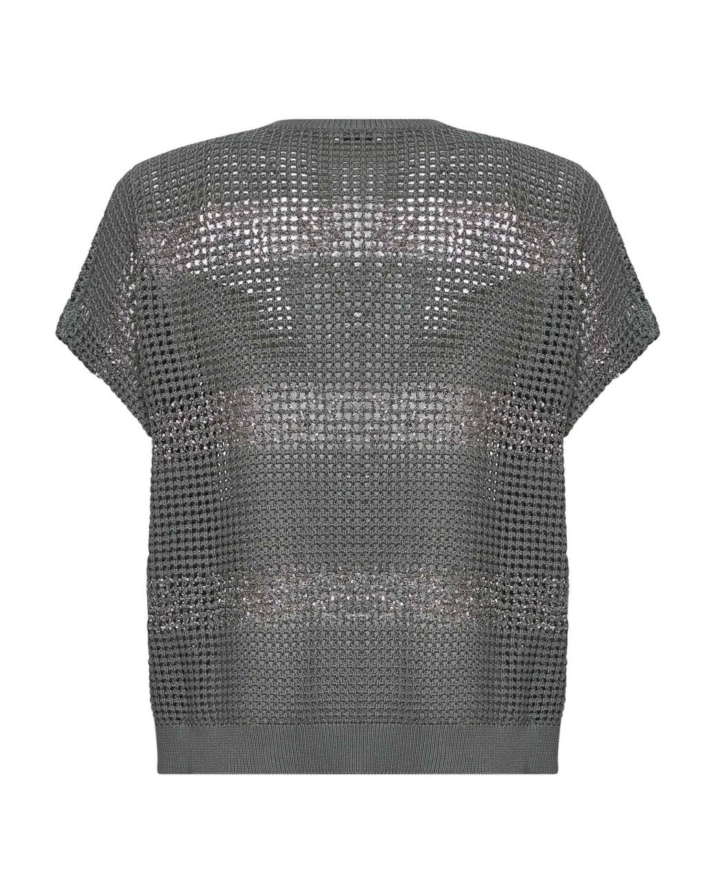 Brunello Cucinelli Gray Khaki Cotton Net Knit Sweater With Dazzling Stripes