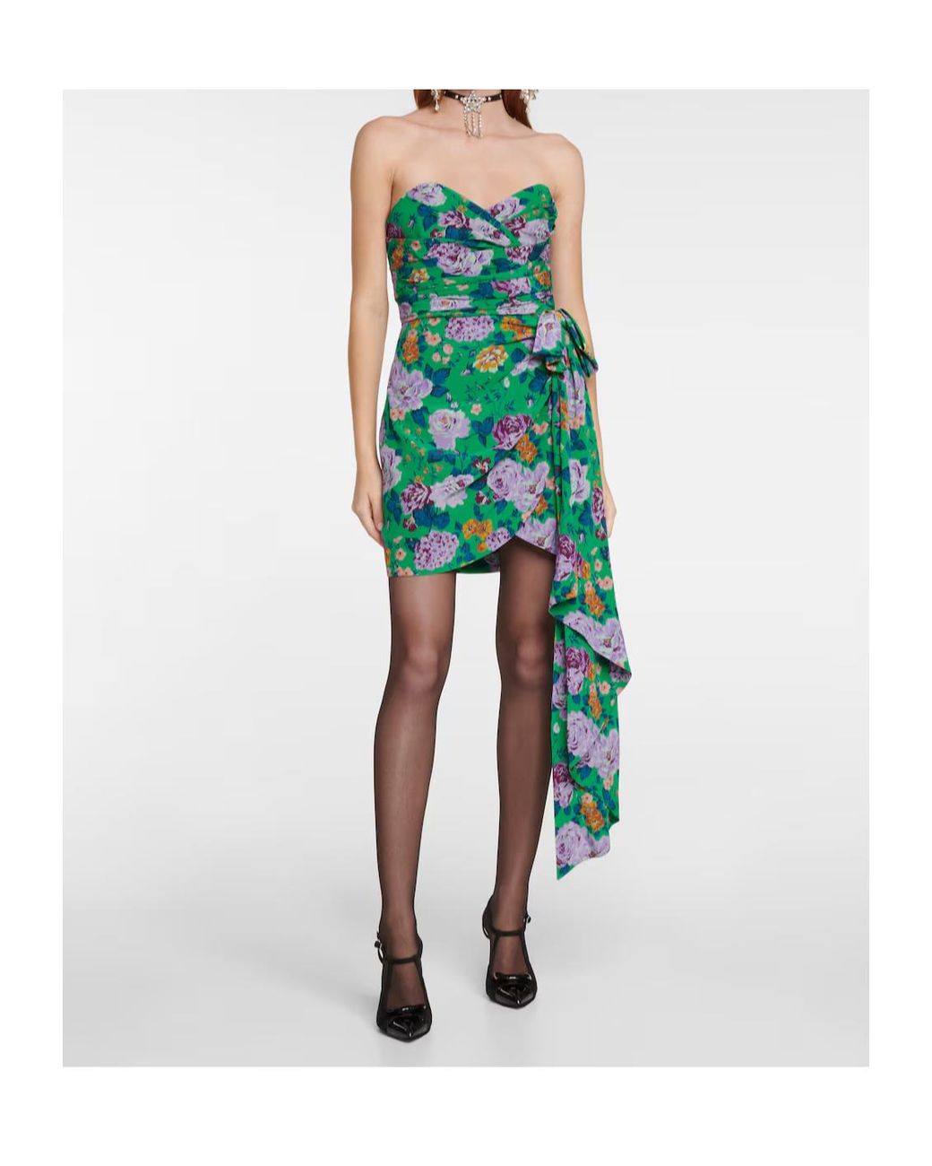 Alessandra Rich Green Floral Silk Bustier Minidress