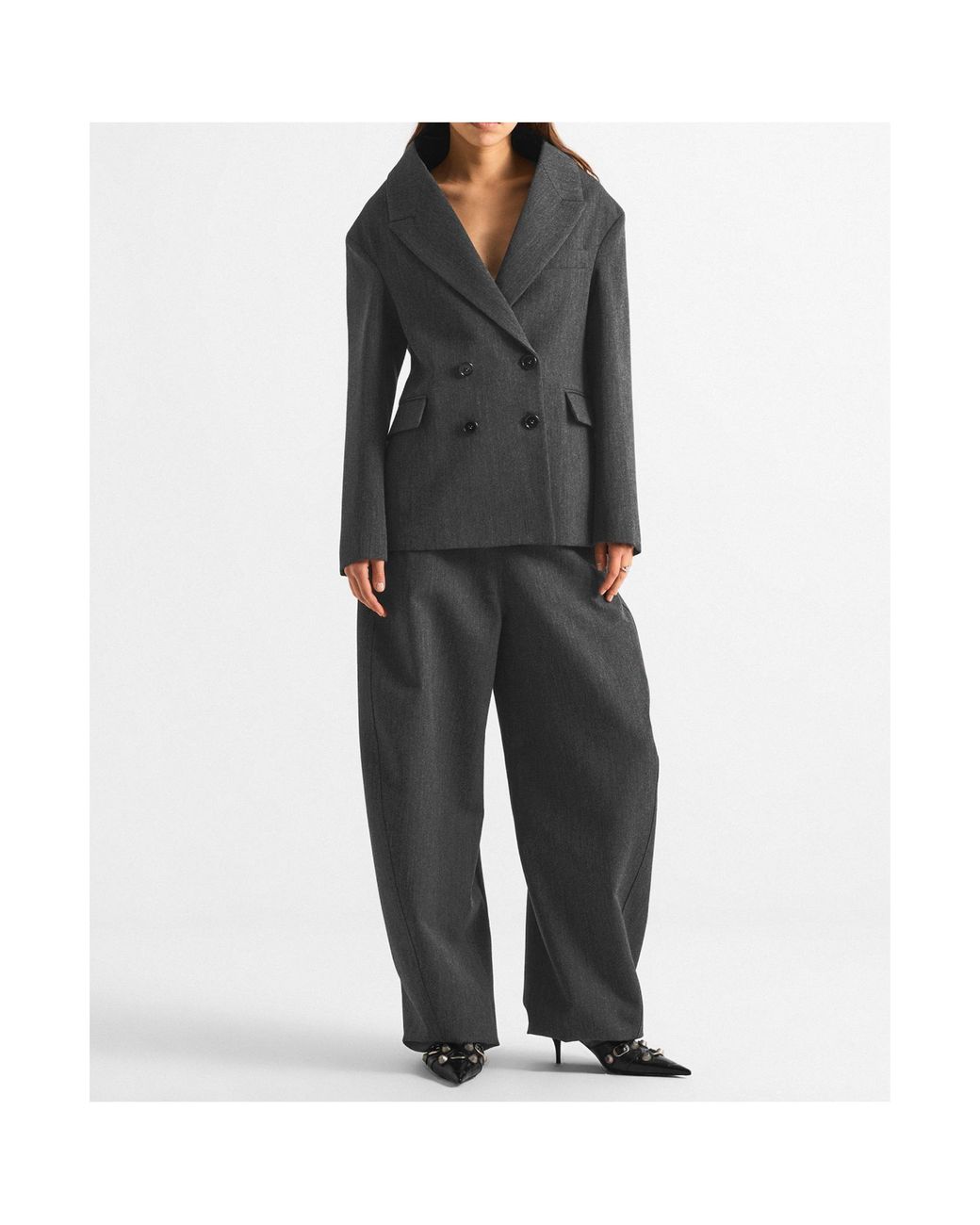 Balenciaga Gray Thin-Striped Curved Wide-Leg Pants