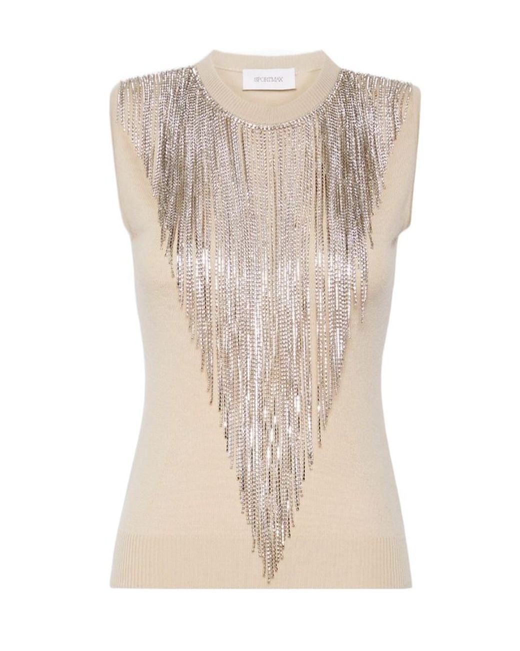 Sportmax Natural Fringed Crystal-Embellished Top