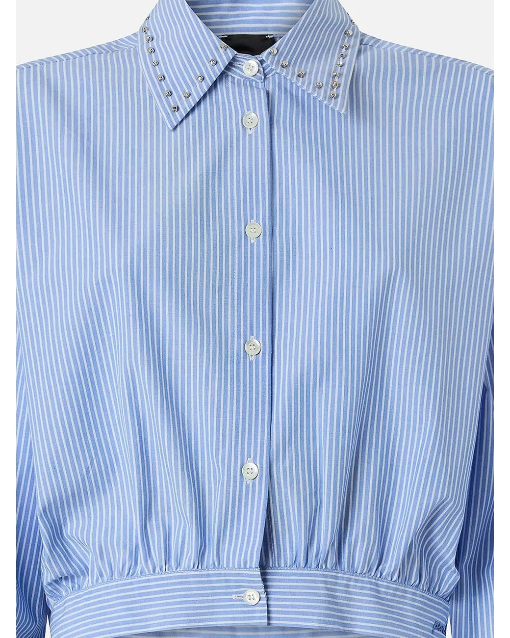 Pinko Blue Striped Rhinestone-Collar Cropped Top