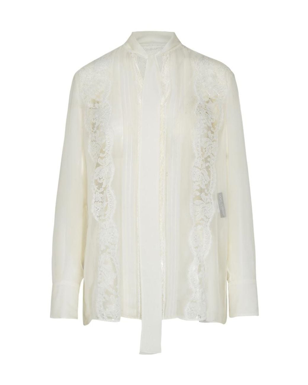 Dolce & Gabbana White Lace Pussy-Bow Chiffon Blouse
