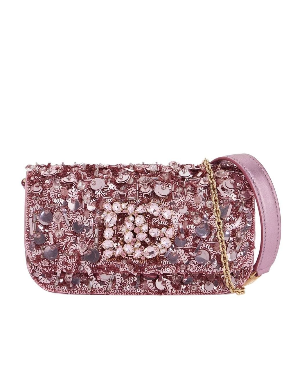 Dolce & Gabbana Pink All-Over Embellished Foldover Top Crossbody Bag