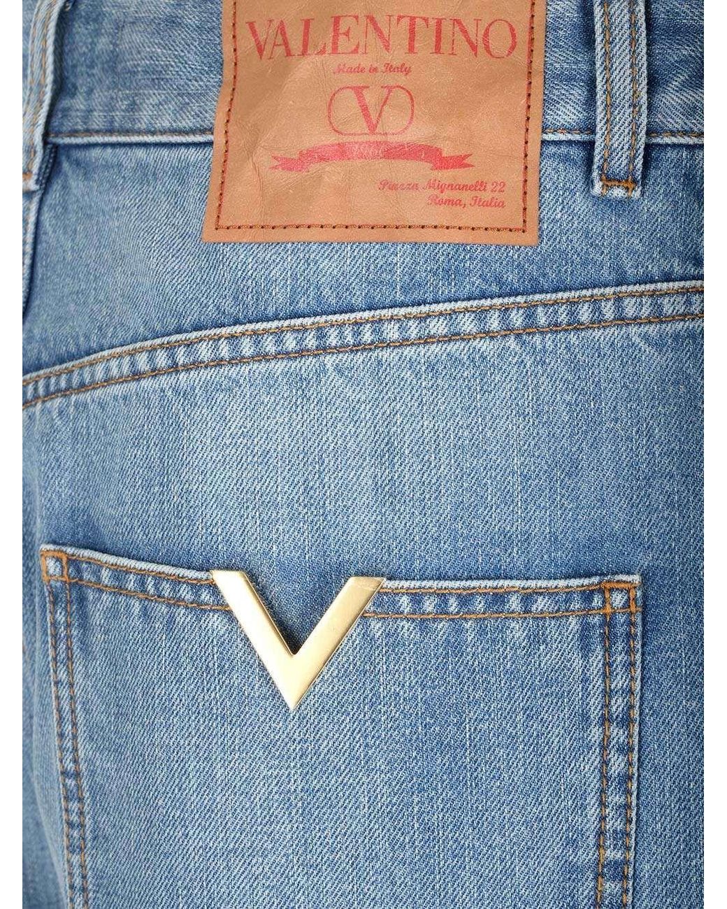 Valentino Blue Logo Patch Wide Leg Jeans