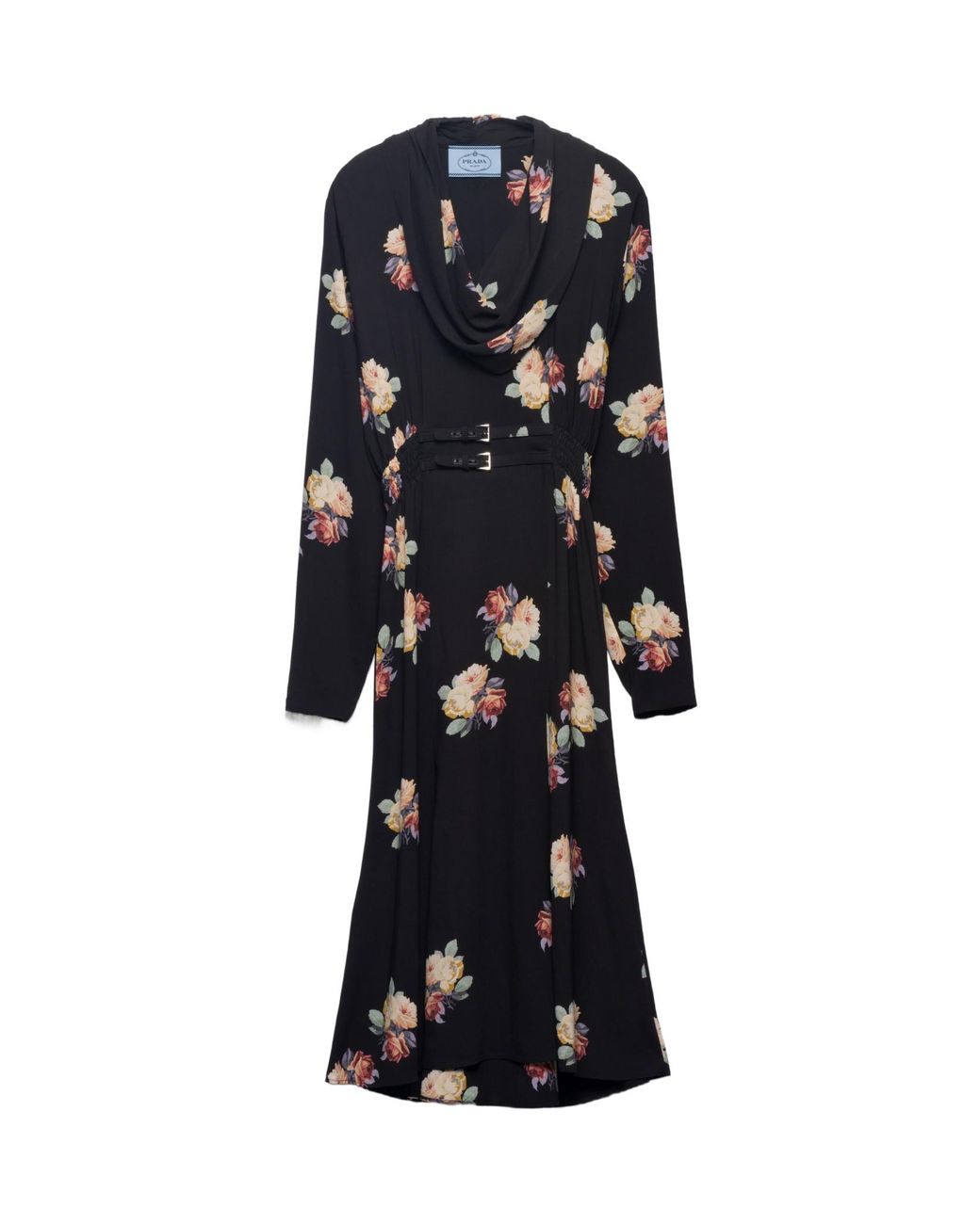 Prada Black Camelia Print Midi Dress