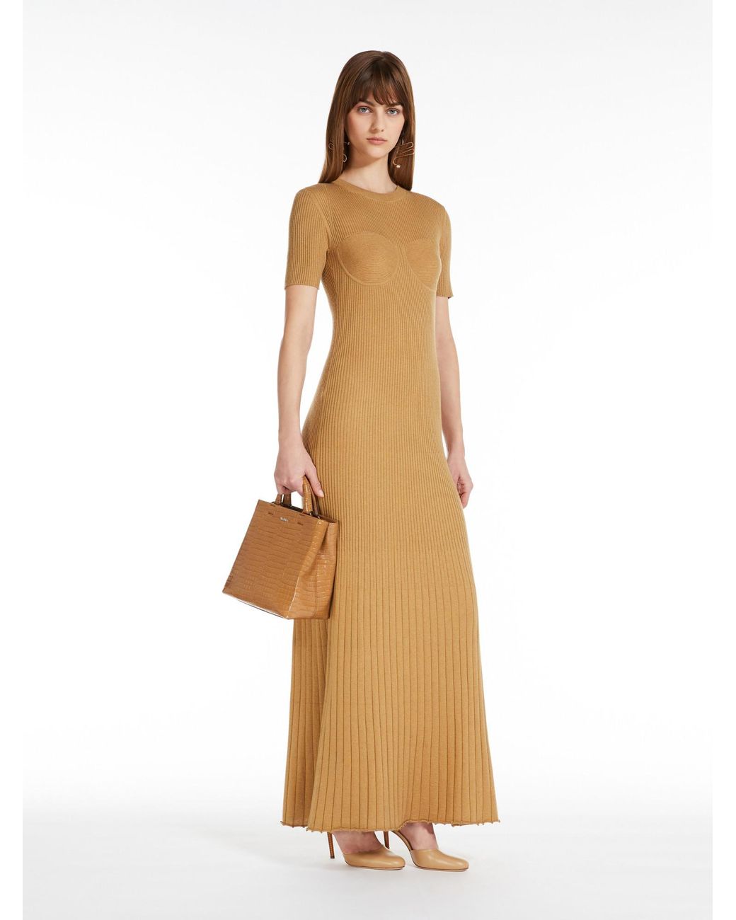 Max Mara Metallic Short-Sleeve Ribbed Dress