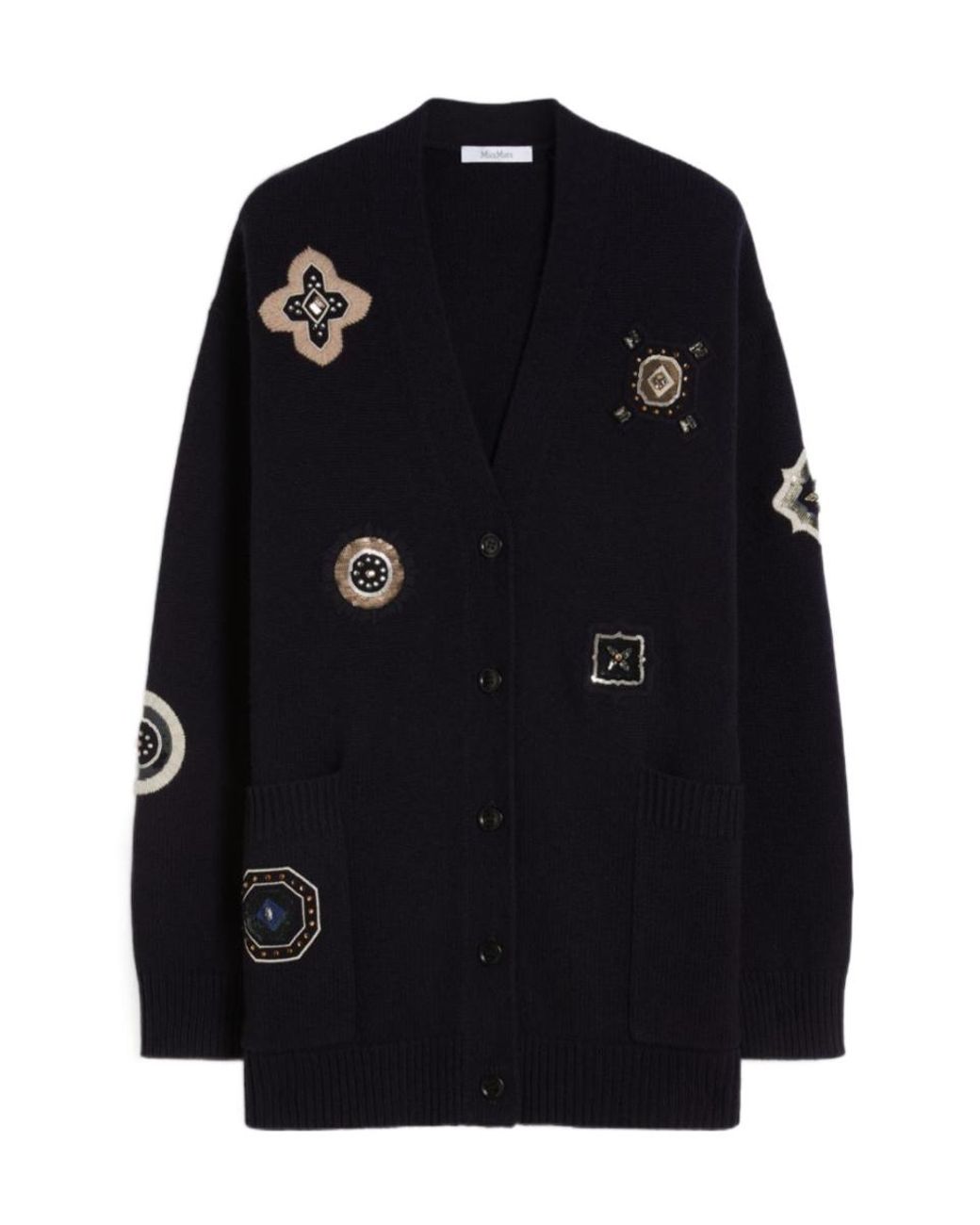 Max Mara Black Wool-Cashmere Patch Cardigan