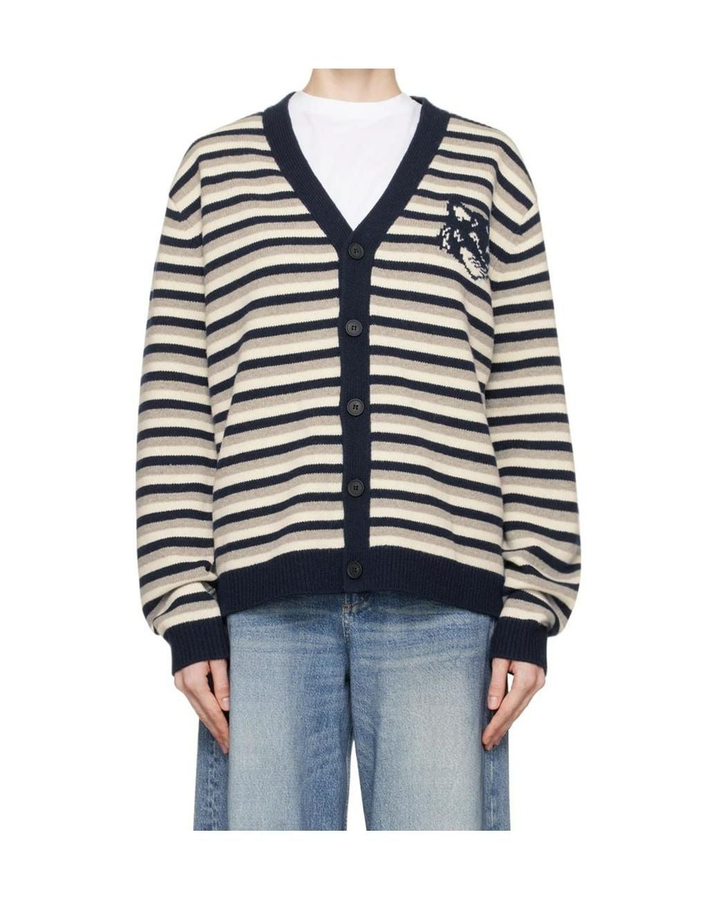 Maison Kitsuné Blue Fox Head Intarsia Striped Cardigan